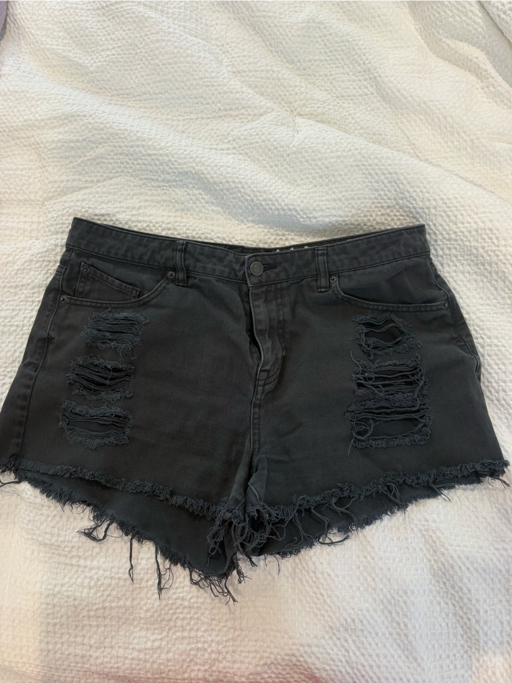 High-Rise Distressed Black Denim Shorts